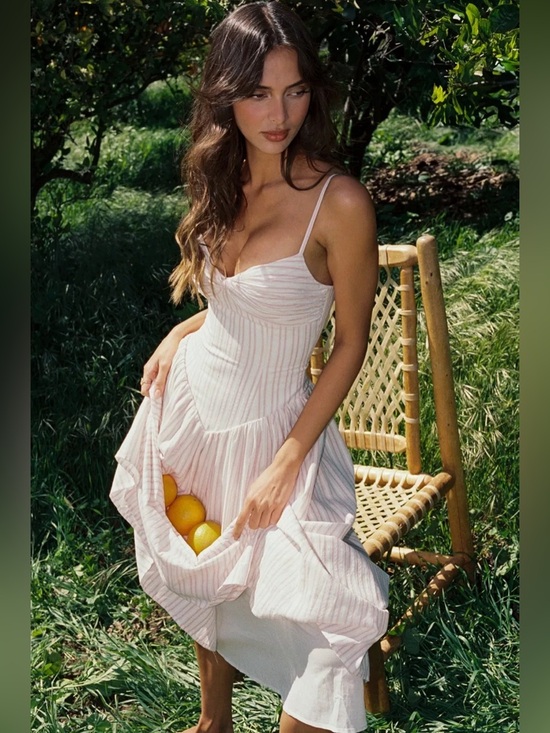 Miss Circle Dresses & Skirts - Zania Pink Stripe Ruched Breast Cotton Midi Dress Small NEW in bag